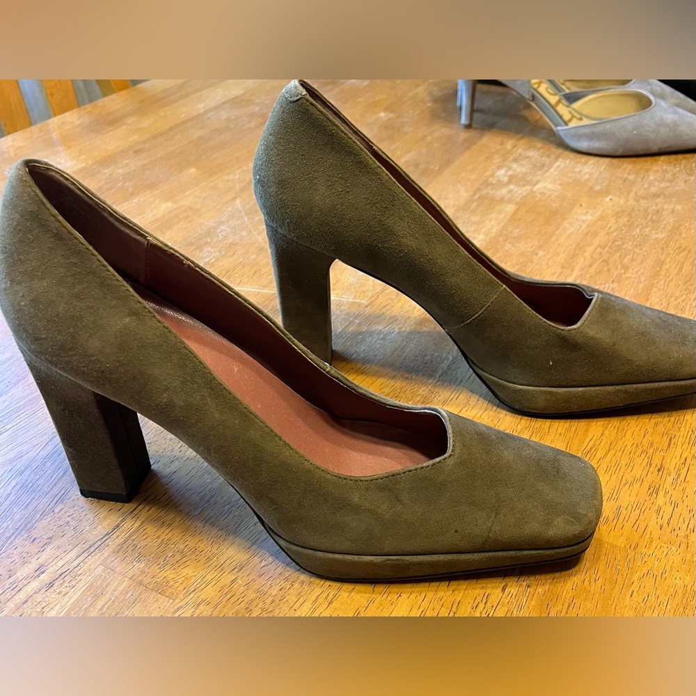 Parade olive green suede 3 1/2 inch heel. Never worn. Size 8 1/2.